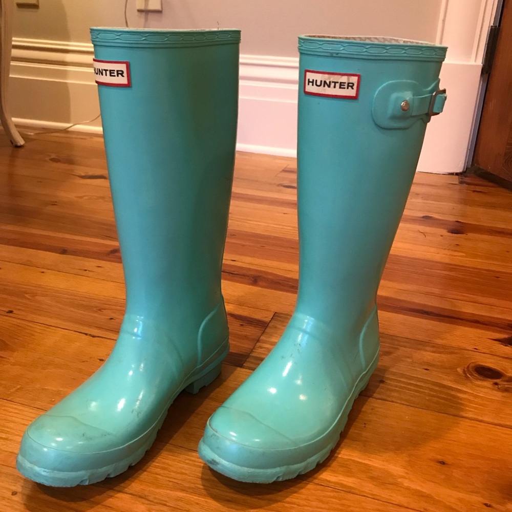 glossy light blue hunter rain boots